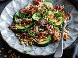 Roasted courgette salad with bacon and pinenuts