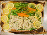 Parchment Cooked Halibut in Olive Oil with Green Beans and Carrots