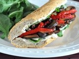 Baby bella, pepper and arugula sandwich with roasted garlic bean spread