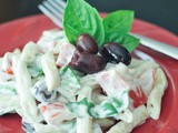 Tomato basil pasta with kalamata cream sauce