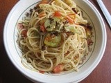 Spaghetti with roasted brinjals
