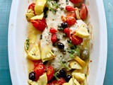 Baked Wild Alaskan Black Bass Recipe with Olives, Tomatoes, Capers