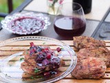 Grilled Rib Eye Pork Chops with Blueberry Peach Compote
