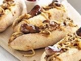 Maple-glazed hot dogs with mustardy onions