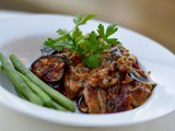 Aubergine and lentil vegetarian casserole with creamy mushroom layer