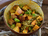 Curried lentils with zabricot and mixed veg