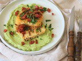 Crispy Lemon Pepper Tofu with Creamy Avocado Sauce and Vegan Bacon Crunch