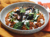 Harissa Aubergines on Red Pepper Freekeh