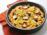 Vegan Seafood Paella with king oyster mushroom “scallops”