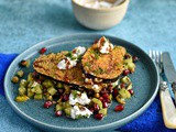 Aubergine fritters with pomegranate salad and labneh