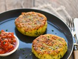 Leek, potato and chive cakes with shallot and tomato sauce