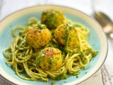 Pea and ricotta polpette with mint and pistachio pesto