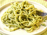 Spaghetti with broad bean, miso and hazelnut pesto