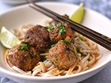 Thai-style aubergine and shiitake balls with peanut sauce