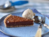 Vegan peanut butter and chocolate tart with roast banana ice cream