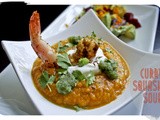 Chilled Curry Squash Soup w/ Cumin Shrimp & Orange Ginger Avocado Beet Salad