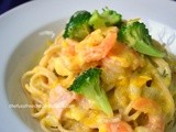 Creamy Pumpkin Sauce Pasta with Prawns, Bacon and Broccoli