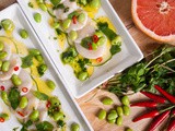 A Taste of Summer [Scallop Crudo with Grapefruit, Edamame, Zucchini, Mint Oil]