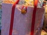Jenny's Bag: Red and White Pillow Ticking Stripe with Contrasting Lining,Two Inside Pockets, Square Corners, Plus an Antique Button Closure