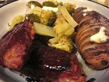 Thrifty Oven Dinner, bbq Rib Tips, Hasselback Potatoes, & Broccoli