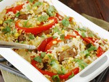 Baked Rice with Sausage, Peppers, & Corn