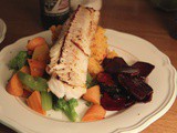 Pan seared white fish with crunchy beets, sweet potato mash and my mum’s white sauce