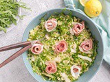 Barley Pea Pesto Salad with Grana Padano and Prosciutto di San Daniele