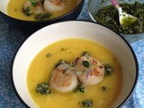 Cream of Swede (Rutabaga) & Turnip Soup with Kale-Cashew Pesto & Scallops