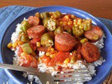 Smoked sausage, tomatoes and okra skillet