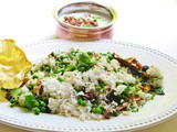 Fresh mint and peas pulao: Cucumber raita with fried onions and garlic