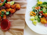 Moong dal pakoda with arugula and avocado salad (Lentil fritters and salad)