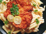 Crispy Chicken with Creamy Garlic Pasta