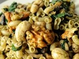 Warm Pesto Pasta Salad with Mushrooms and Spinach