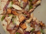 Barbecue Chicken Pizza with Roasted Sweet Potatoes, Peppers, Onions, and Rosemary on Multigrain Dough