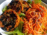 Cake or rosti made with sweet potatoes, leeks and kale