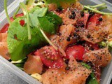 Purslane salad with smoked salmon, black lentils, avocado and tomato
