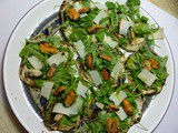 Grilled Purple Aubergines Pizzas with Arugula, Parmesan Cheese and Mussels
